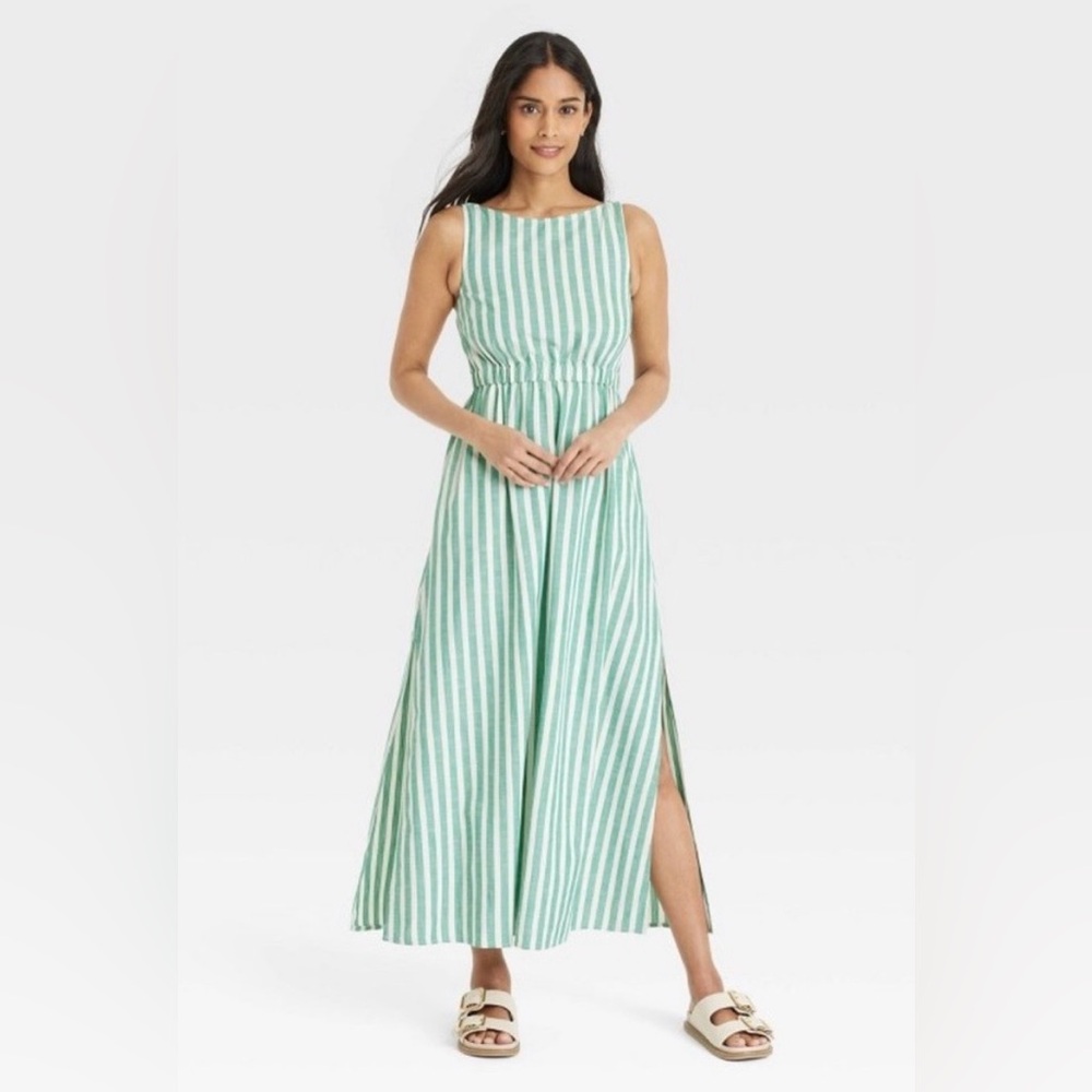 Universal Thread Green & White Striped Maxi Dress, A Line, Pockets, Medium